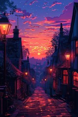 A cobblestone street in a quaint town illuminated by warm streetlights under a vibrant sunset sky