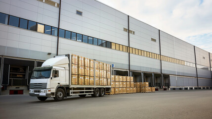 LKW Schwerlasttransport Logistikprozess vor Logistikzentrum mit vielen gestapelten Kisten Kartons Paletten Ladungssicherung Transport von Waren mit LKW Generative AI