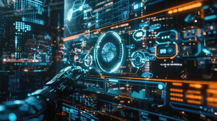 Obraz premium Floating holographic interfaces in a dark room