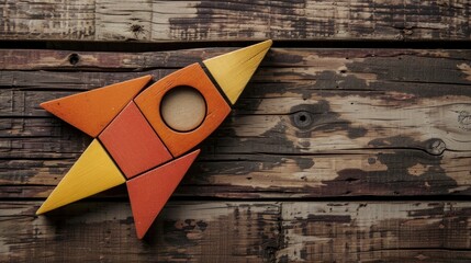 Wooden background with rocket shaped tangram puzzle for creativity and learning