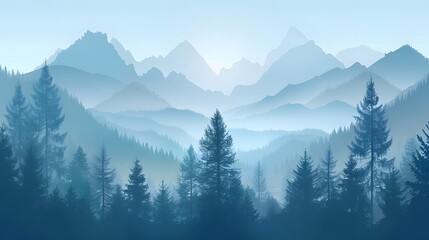Realistic mountains landscape. Morning wood panorama, pine trees and mountains silhouettes. Vector forest hiking background. 