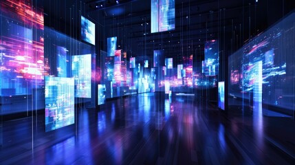 Fototapeta premium Floating holographic interfaces in a dark room