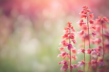 Fototapeta premium Coral bells flower bokeh background, AI Generated