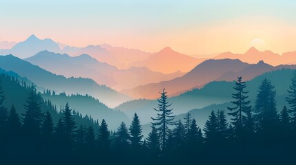 Realistic mountains landscape. Morning wood panorama, pine trees and mountains silhouettes. Vector forest hiking background. 