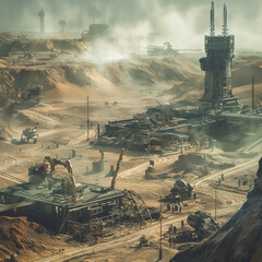 Fototapeta premium Smoky industrial cityscape with factories, chimneys, and a hazy sky