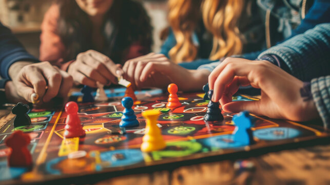 Depict a cozy board game night with friends gathered around a table playing a logic-based board game. 