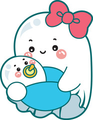 Illustration of cute white ghost icon.
Funny white ghost in activities stickers.
A mother and baby white ghost hugging.