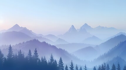 Realistic mountains landscape. Morning wood panorama, pine trees and mountains silhouettes. Vector forest hiking background. 