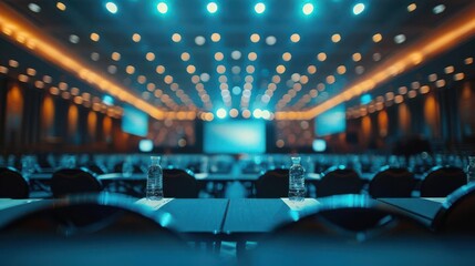 This image features a spacious conference hall illuminated by glowing lights, ideal for meetings and events.