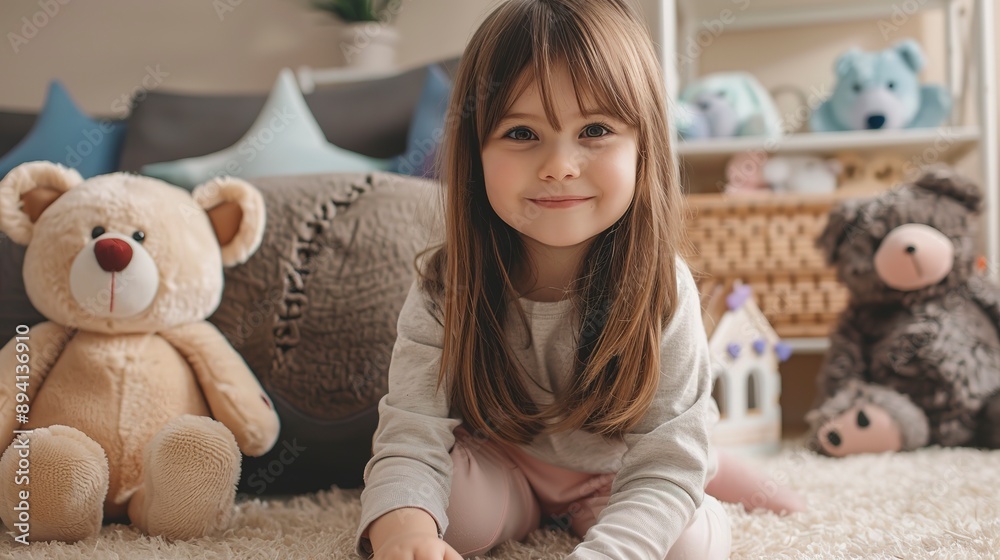 Poster A cute little girl with medium length hair is sitting on the floor in her room playing happily next to some stuffed animals. 