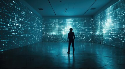 Obraz premium Floating holographic interfaces in a dark room