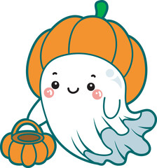 Illustration of cute white ghost icon.
Funny white ghost in activities stickers.
A cute white ghosts wearing pumpkin hat and bring pumpkin bag.