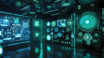 Obraz premium Floating holographic interfaces in a dark room