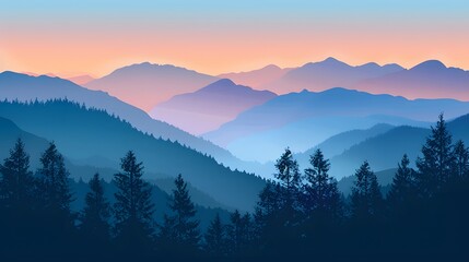 Obraz premium Realistic mountains landscape. Morning wood panorama, pine trees and mountains silhouettes. Vector forest hiking background. 