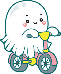 Fototapeta premium Illustration of cute white ghost icon. Funny white ghost in activities stickers. A cute white ghosts riding a bicycle