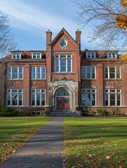 Naklejka premium Historic Brick School Building with Autumn Foliage