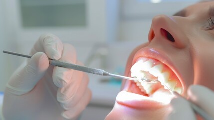 A dentist treats teeth. The process of dental treatment in a dental clinic. Concept of the dental profession. Banner, poster, background.