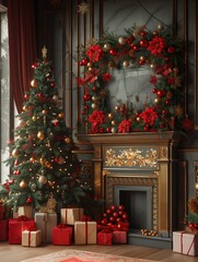 Christmas Decor with Fireplace, Tree, Wreath and Gifts