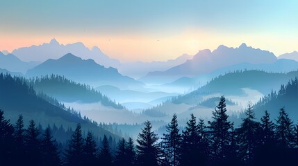 Obraz premium Realistic mountains landscape. Morning wood panorama, pine trees and mountains silhouettes. Vector forest hiking background. 