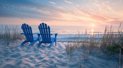 Two blue Adirondack chairs on a beach with sand dunes facing the ocean at sunset. Summer scenic landscape. copy space for text.
