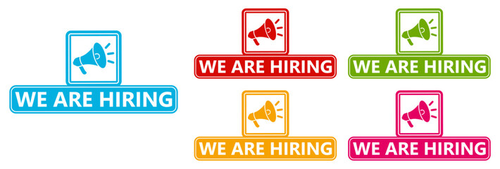 Set collections we are hiring trendy colorful icon sign.  job vacancy labels design template Vector illustration