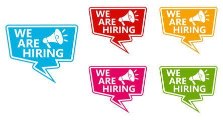 Set collections we are hiring trendy colorful icon sign.  job vacancy labels design template Vector illustration