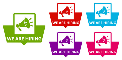 Set collections we are hiring trendy colorful icon sign.  job vacancy labels design template Vector illustration