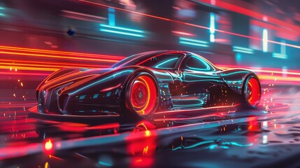 Fototapeta premium Futuristic Sports Car in Neon Cityscape with Motion Blur and Vibrant Lights