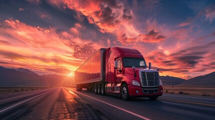 Red Semi-Truck on Open Highway at Sunset with Dramatic Sky and Mountains in Background