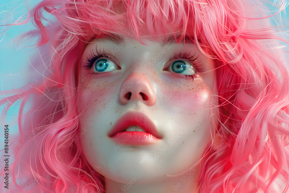 Poster Pink Hair, Blue Eyes, Digital Art