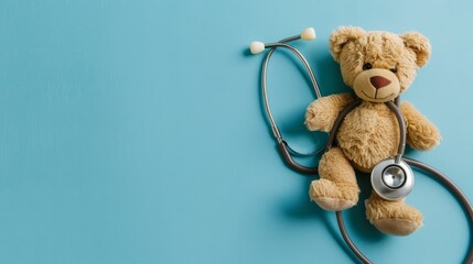 Children's doctor concept with teddy bear toy and stethoscope on blue background - pediatric healthcare, medical playtime, and kid-friendly medical tools, perfect for child health education and pediat