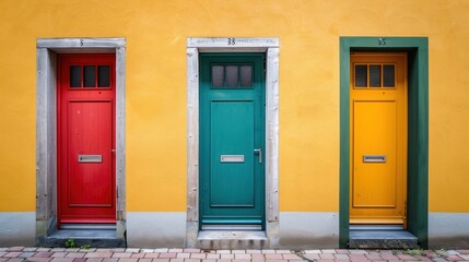 Three Colorful Doors on a Yellow Wall