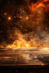 Fototapeta premium Wooden table and fire with sparks and smoke, concept. Grill, burning fire and free copy space for design
