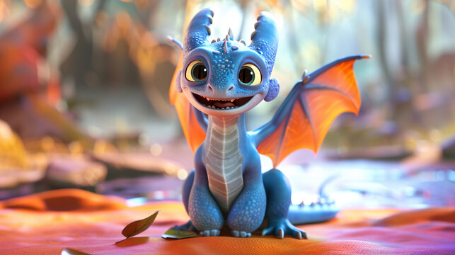 A 3D animated dragon baby with a wide, friendly smile and big, playful eyes, sitting in a colorful setting, crafted for kids in ultra high detail and UHD, rendered in 8K for the best quality 