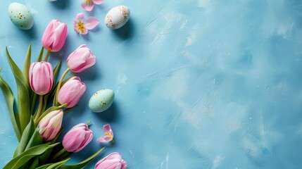 Easter concept with pink tulips eggs on blue background with space
