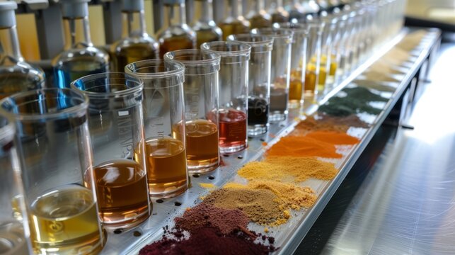 Color range standard solution of phosphate used for determining phosphate levels in an environmental health laboratory – close-up of laboratory equipment and testing procedures