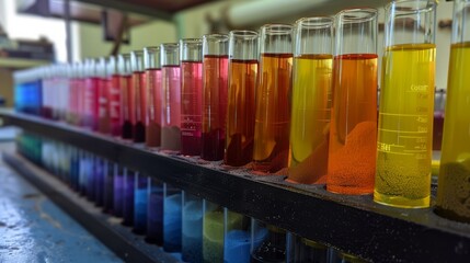 Color range standard solution of phosphate used for determining phosphate levels in an environmental health laboratory – close-up of laboratory equipment and testing procedures