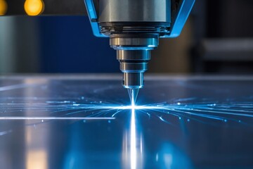 Close-up of laser cutting machine cutting piece of metal with bright blue light