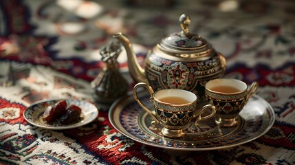 tea setting on a patterned carpet. The scene features a shining, ornate teapot and matching cups