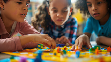 Kids playing simple and colorful board games designed for younger audiences, highlighting the educational and developmental benefits of games for children