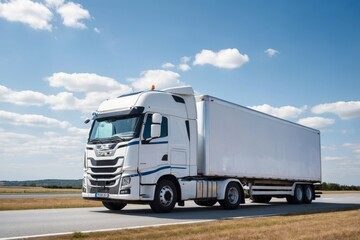 White semi-truck on road against blue sky