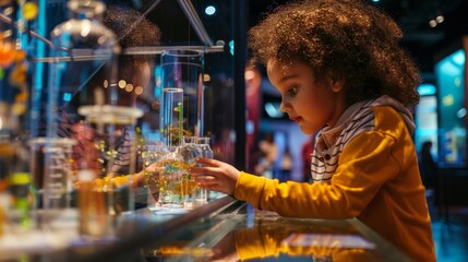 Curious child exploring interactive science exhibit at museum, engaging with hands-on educational displays featuring physics, biology, and technology concepts, ideal for stem learning, science educati