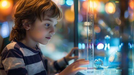Curious child exploring interactive science exhibit at museum, engaging with hands-on educational displays featuring physics, biology, and technology concepts, ideal for stem learning, science educati