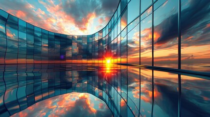 Futuristic skyscraper with curved glass walls reflecting the sunset