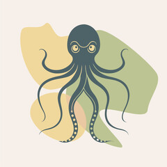 Octopus with tentacles. Cartoon sea and ocean animal. Cute giant kraken monster of fantasy story, cartoon creepy underwater cuttlefish. Thin lines style emblem for the menu of the seafood restaurant.