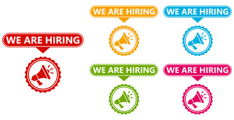 Hiring recruitment sticker sign set. we are hiring information label symbol template vector illustration