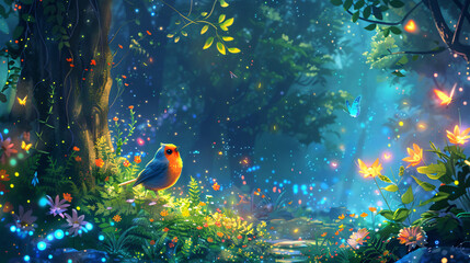 Joyful full-body cartoon bird with a cute face, exploring a magical forest with glowing fireflies...