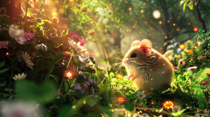Joyful 3D fat and fluffy hamster exploring a magical forest with glowing fireflies and colorful plants, designed for a vivid, detailed image in UHD 