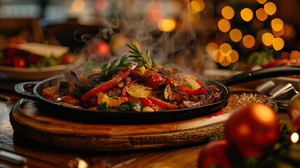 Freshly cooked meal with vegetables steaming in rustic ambiance