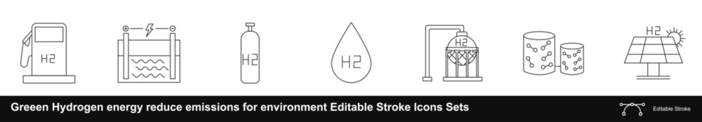 Green Hydrogen energy reduce emissions for environment Editable Stroke Icons Sets